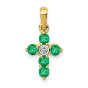 Million Charms 14k Yellow Gold Green Emerald and Diamond Cross Charm Pendant